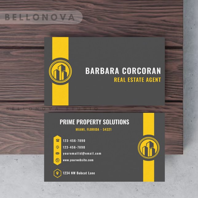 Anpassningsbar Mörk Grått Black Gult Real Gods Visitkort (Custom Dark Grey Black Yellow Real Estate Business Card)