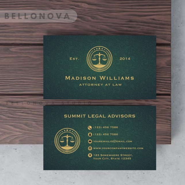 Anpassningsbar Mörk grönt Blommigt Monogram Law Of Visitkort (Custom Dark Green Floral Monogram Law Office Business Card)