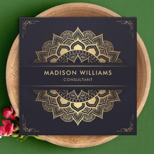Anpassningsbar Mörk Navy Blue Guld Mandala Profess Fyrkantigt Visitkort