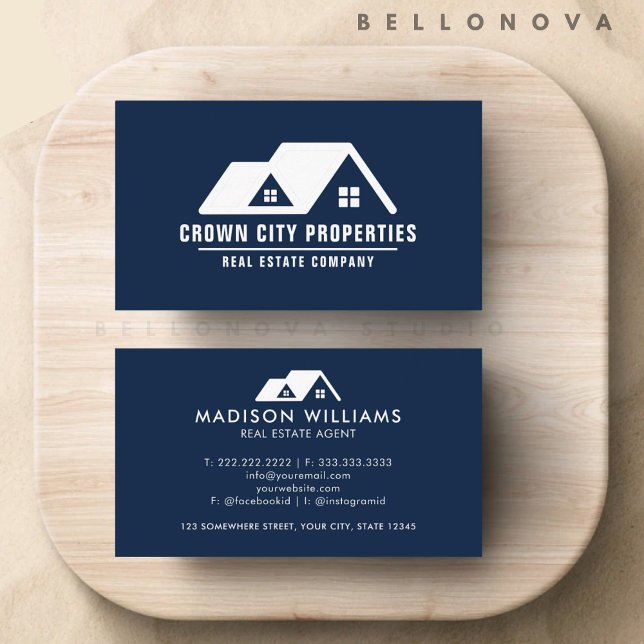 Anpassningsbar Mörk Navy Blue White Real Gods Agen Visitkort (Custom Dark Navy Blue White Real Estate Agent Business Card)
