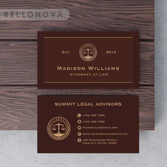 Anpassningsbar Mörk Red Maroon Brown Monogram Law  Visitkort (Custom Dark Red Maroon Brown Monogram Law Office Business Card)