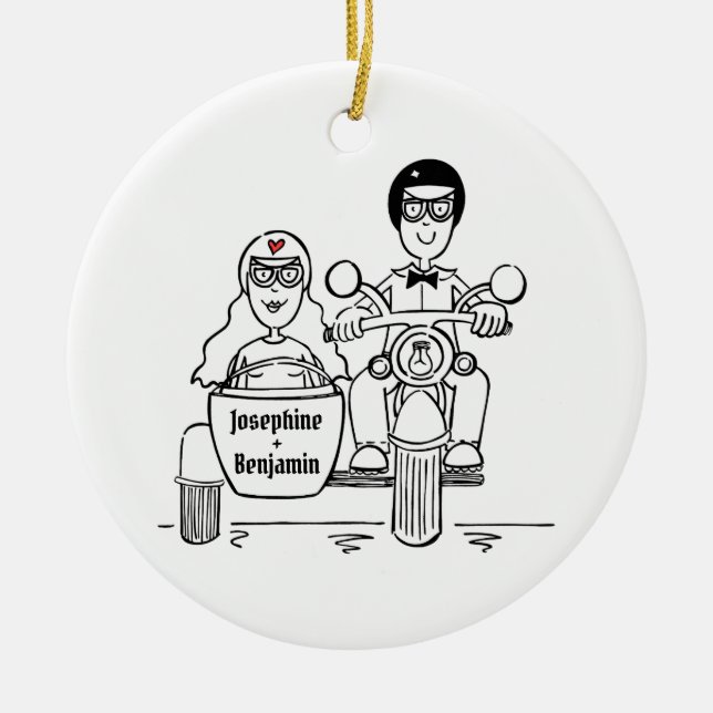 Anpassningsbar Motorcycle och Sidecar Bröllop Gift Julgransprydnad Keramik (Framsidan)