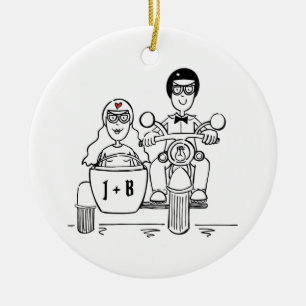 Anpassningsbar Motorcycle och Sidecar Bröllop Gift Julgransprydnad Keramik