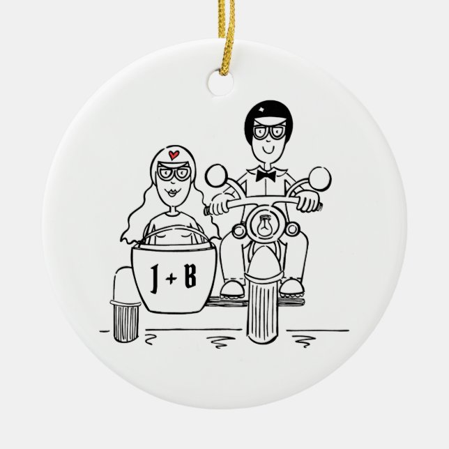Anpassningsbar Motorcycle och Sidecar Bröllop Gift Julgransprydnad Keramik (Framsidan)