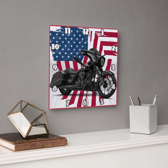Anpassningsbar motorcykelkonst med amerikansk flag fyrkantig klocka (Kontor)