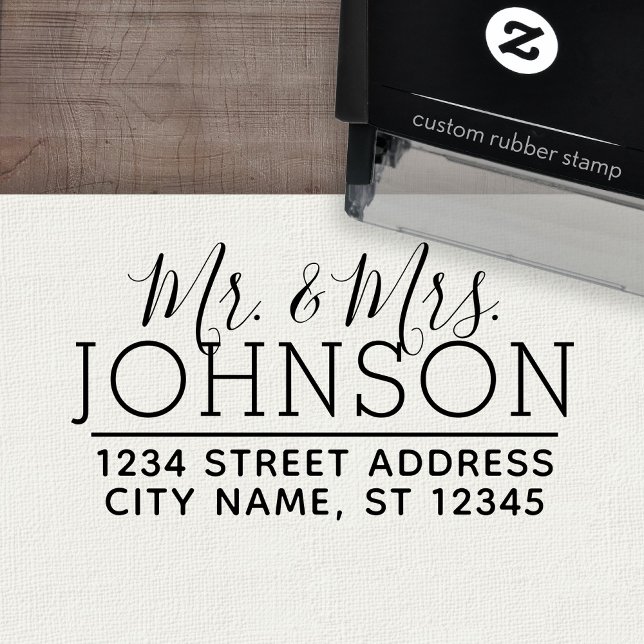 Anpassningsbar Mr. & Mrs Family Namn och Returadre Självfärgande Stämpel (Personalized Wedding Rubber Stamp - Self-Inking)