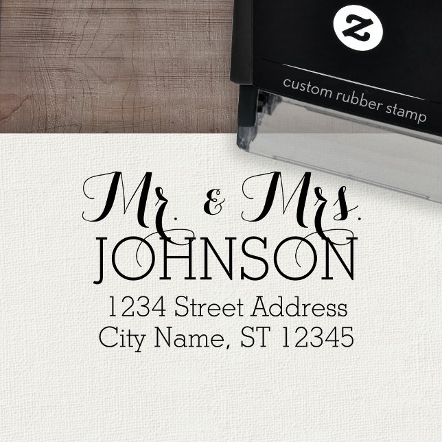 Anpassningsbar Mr. & Mrs Family Namn och Returadre Självfärgande Stämpel (Personalized Wedding Rubber Stamp - Self-Inking)