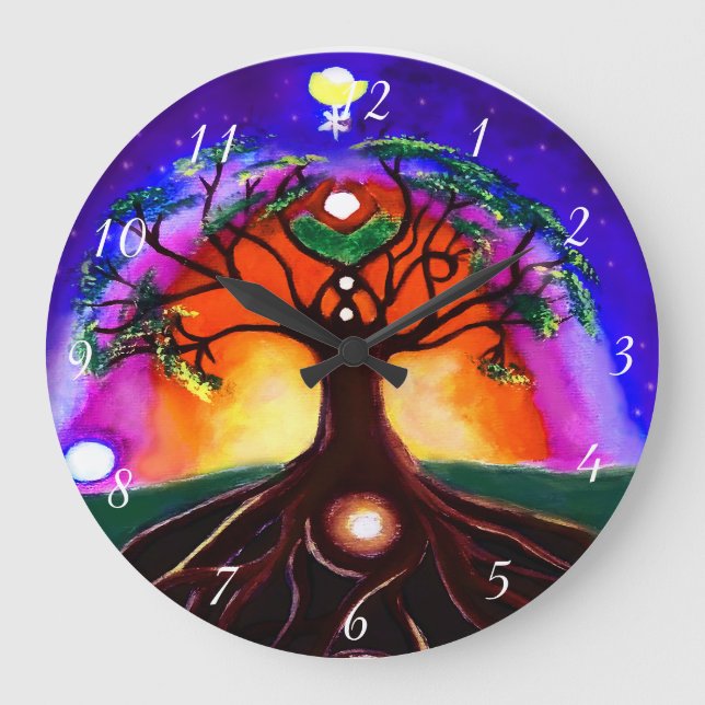 Anpassningsbar multifärgad, unik målad livets träd stor klocka (Framsida)