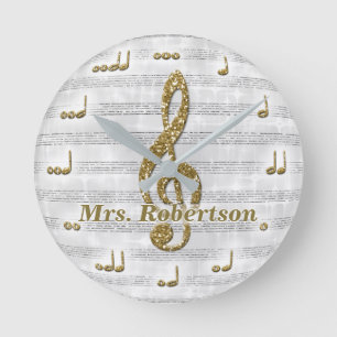 Anpassningsbar Musical Note Clock Glitter Guld Rund Klocka