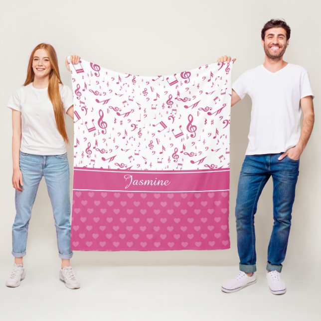Anpassningsbar Musik noter och Hearts Mönster Rosa Fleecefilt (På plats)