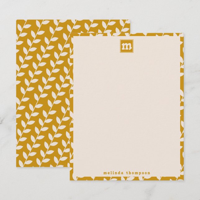 Anpassningsbar Mustard 70s Retro Löv Monogram Anteckningskort (Fram/baksida)