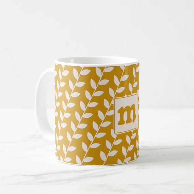 Anpassningsbar Mustard 70s Retro Löv Monogram Kaffemugg (Framsida vänster)