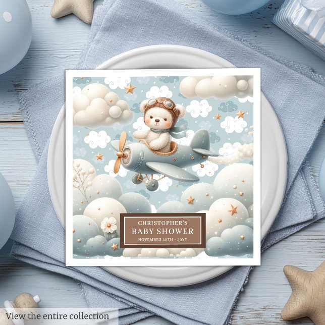 Anpassningsbar Nalle Pilot för babyduschar Pappersservett (Custom Baby Shower Napkins Teddy Bear Pilot Design)