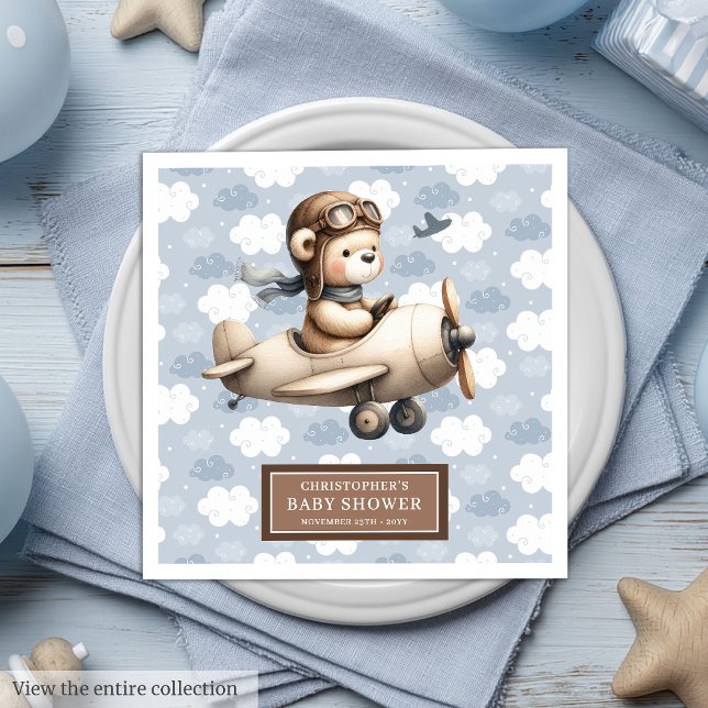 Anpassningsbar Nalle Pilot Napkins for Baby Shower Pappersservett (Custom Teddy Bear Pilot Napkins for Baby Shower)