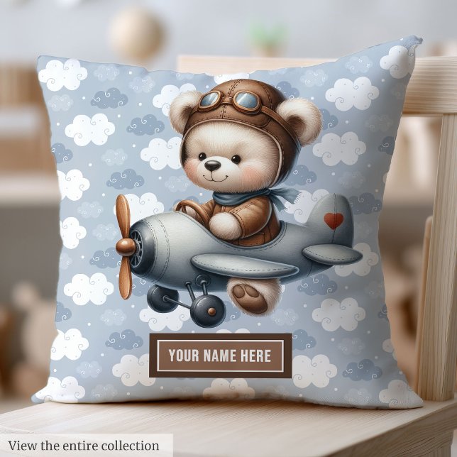 Anpassningsbar Nalle Pilot Pillow Pojke Nursery Kudde (Custom Teddy Bear Pilot Pillow for Baby Boy Nursery)