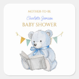 Anpassningsbar Nalle som läser en babydusch för bo Fyrkantigt Klistermärke