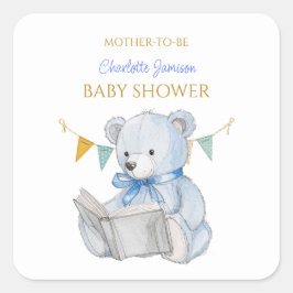 Anpassningsbar Nalle som läser en babydusch för bo Fyrkantigt Klistermärke