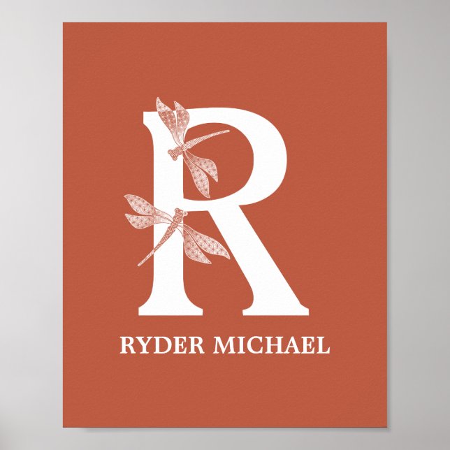 Anpassningsbar Namn Monogram Brev R Dragonfly Art Poster (Framsidan)