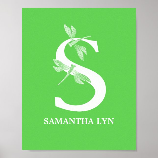 Anpassningsbar Namn Monogram Brev S Dragonfly Art Poster (Framsidan)