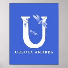 Anpassningsbar Namn Monogram Brev U Dragonfly Art Poster