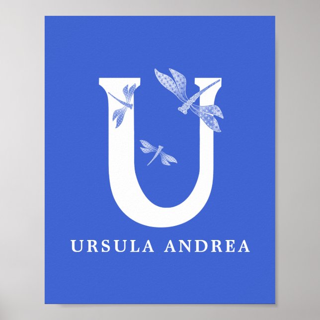Anpassningsbar Namn Monogram Brev U Dragonfly Art Poster (Framsidan)
