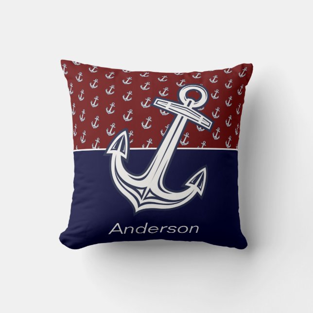 Anpassningsbar Nautical Anchor Bathroom Maroon Nav Kudde (Framsida)
