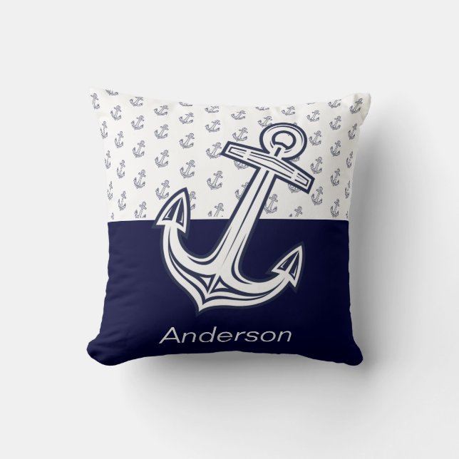 Anpassningsbar Nautical Anchor Bathroom Navy Blue Kudde (Framsida)