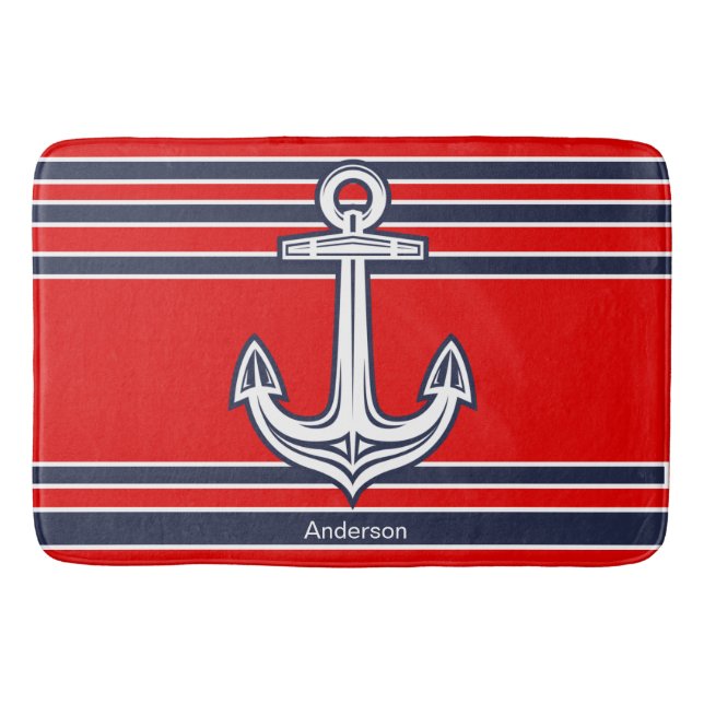 Anpassningsbar Nautical Anchor Bathroom Red Navy B Badrumsmatta (Framsidan)