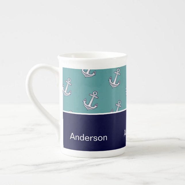 Anpassningsbar Nautical Anchor Bathroom Teal Navy  Benporslin Mugg (Vänster)