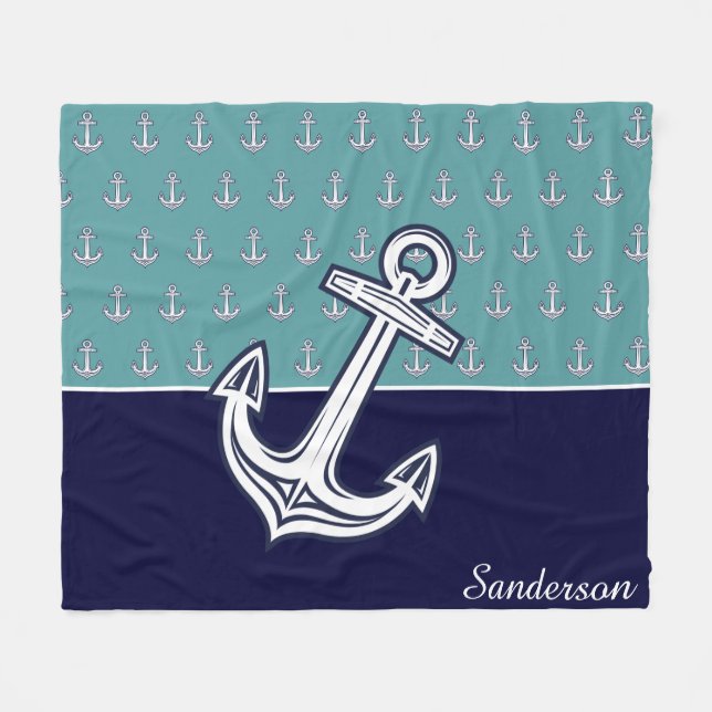 Anpassningsbar Nautical Anchor Bathroom Teal Navy  Fleecefilt (Framsidan (Horisontell))