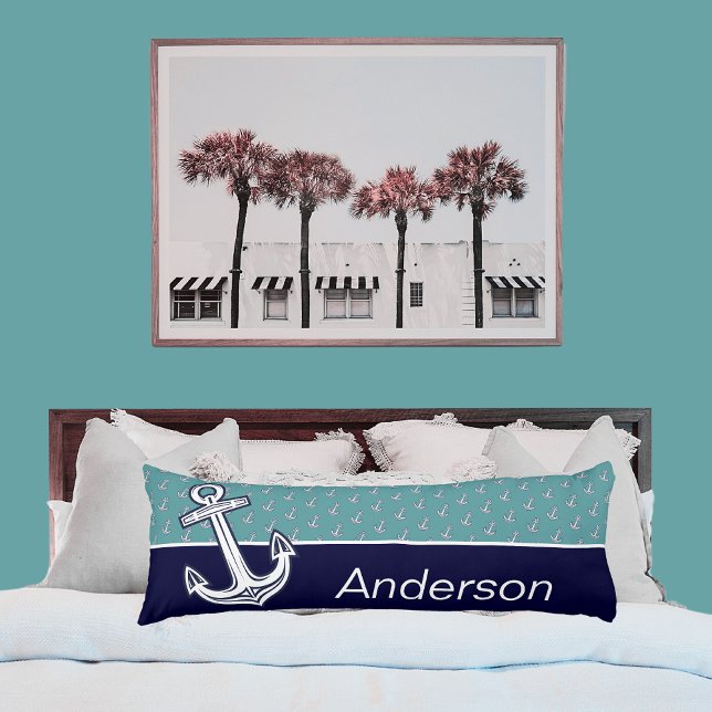 Anpassningsbar Nautical Anchor Bathroom Teal Navy  Kroppskudde (Skapare uppladdad)