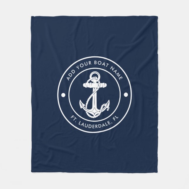 Anpassningsbar Nautical Anchor Boat Namn Navy Blue Fleecefilt (Framsidan)