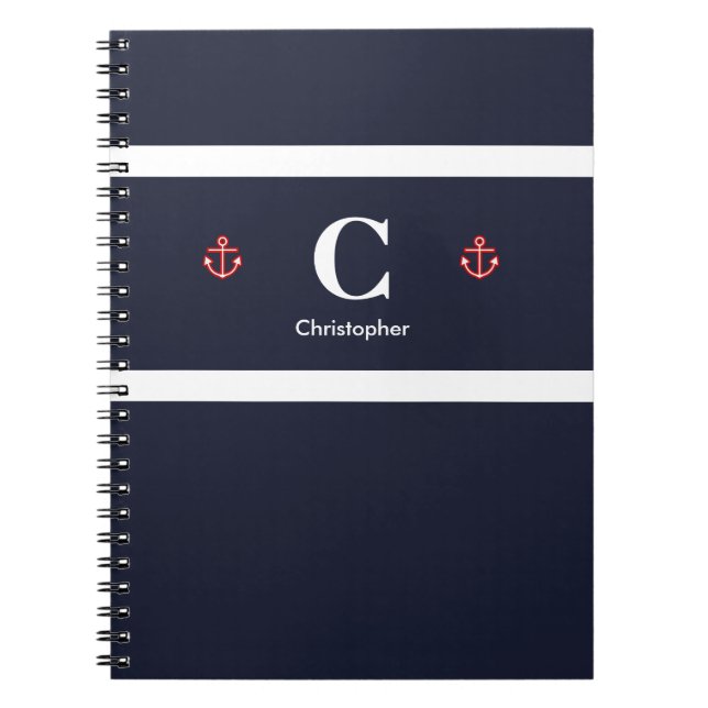 Anpassningsbar Nautical Anchor Navy Blue Rand Anteckningsbok (Framsidan)