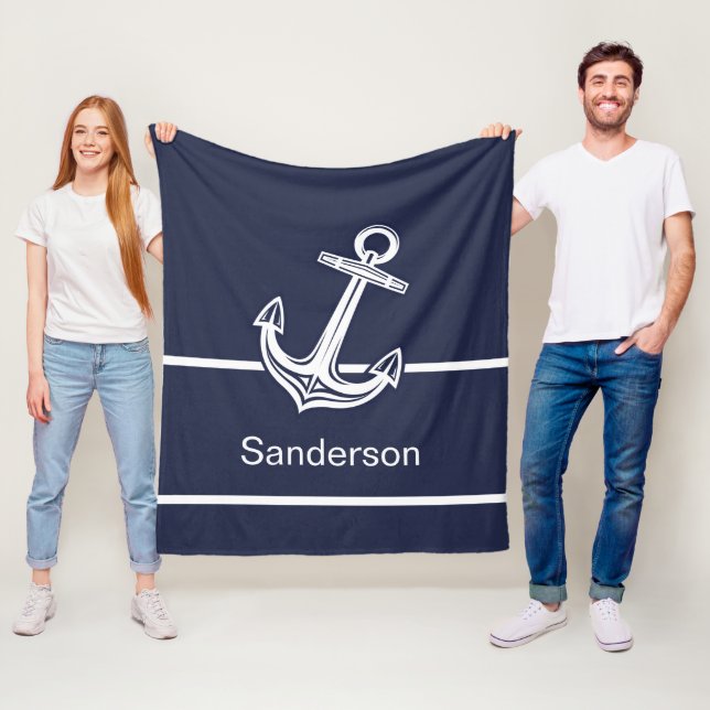 Anpassningsbar Nautical Anchor Ocean Navy Blue Fleecefilt (På plats)