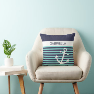 Anpassningsbar Nautical Aqua Turcos Blue Rand Möns Kudde