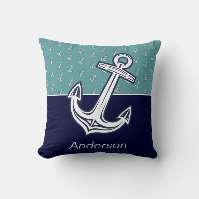Anpassningsbar Nautical Coastal Anchor Teal Navy B Kudde (Framsida)