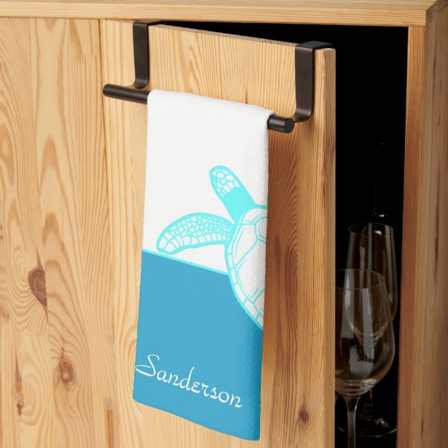 Anpassningsbar Nautical Coastal Sea Turtle Blue Te Kökshandduk (Thirds Fold)