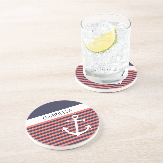 Anpassningsbar Nautical Coral Orange Rand Mönster Underlägg (Sidan)