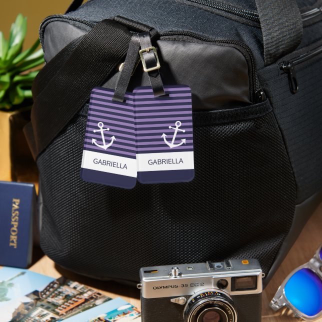Anpassningsbar Nautical Lavender Lila Stripe Mönst Bagagebricka (Fram & Baksida)