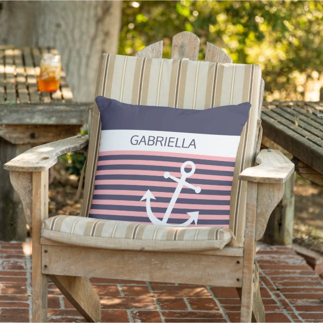 Anpassningsbar Nautical Light Coral Rosa Rand Möns Kudde (Stol)
