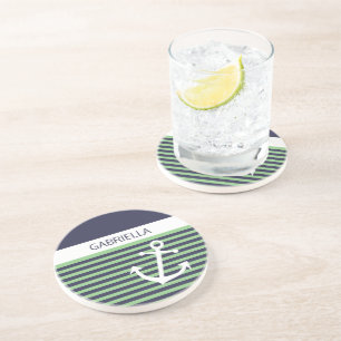 Anpassningsbar Nautical Lime Sage Grönt Rand Mönst Underlägg