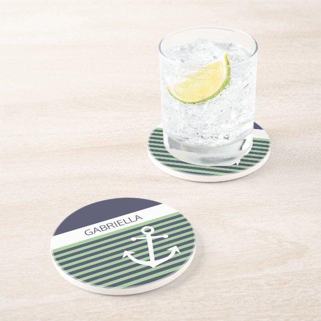 Anpassningsbar Nautical Lime Sage Grönt Rand Mönst Underlägg (Sidan)