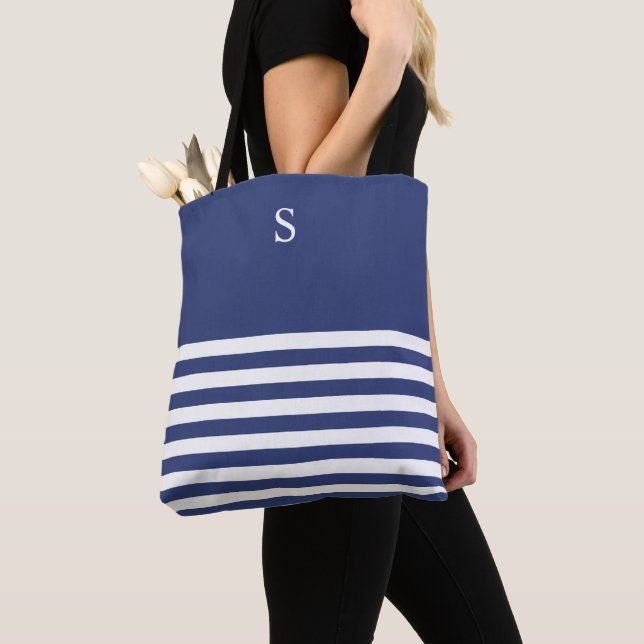 Anpassningsbar Nautical Navy and White Stripe Tote Tygkasse (Närbild)