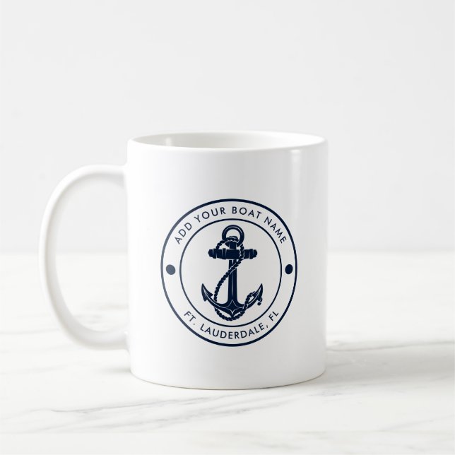 Anpassningsbar Nautical Navy Blue Anchor Boat Namn Kaffemugg (Vänster)