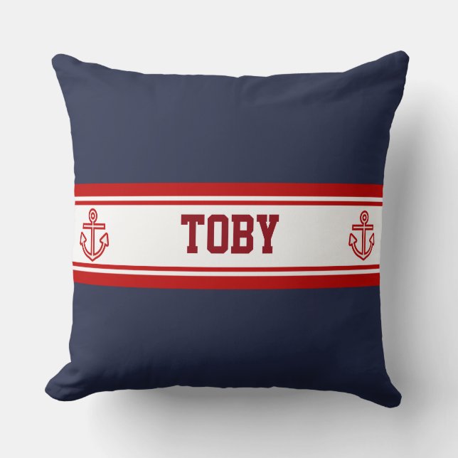 Anpassningsbar Nautical Navy Red Rand Kudde (Framsida)