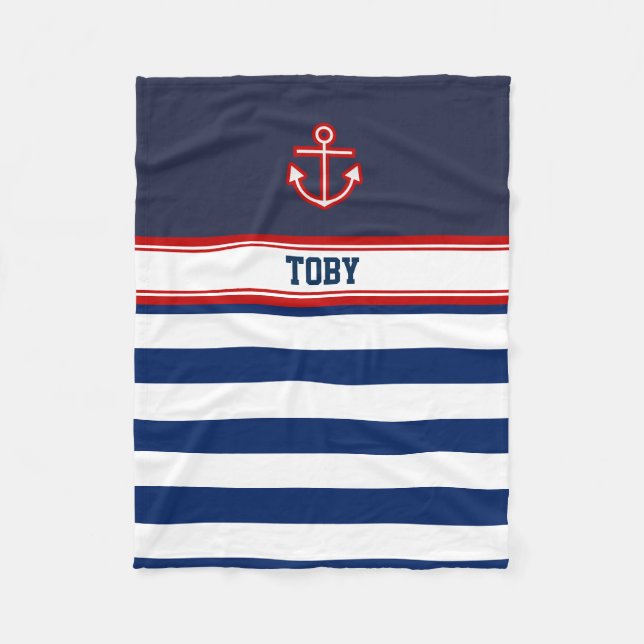 Anpassningsbar Nautical Navy White Rand Fleecefilt (Framsidan)