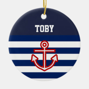 Anpassningsbar Nautical Navy White Rand Julgransprydnad Keramik