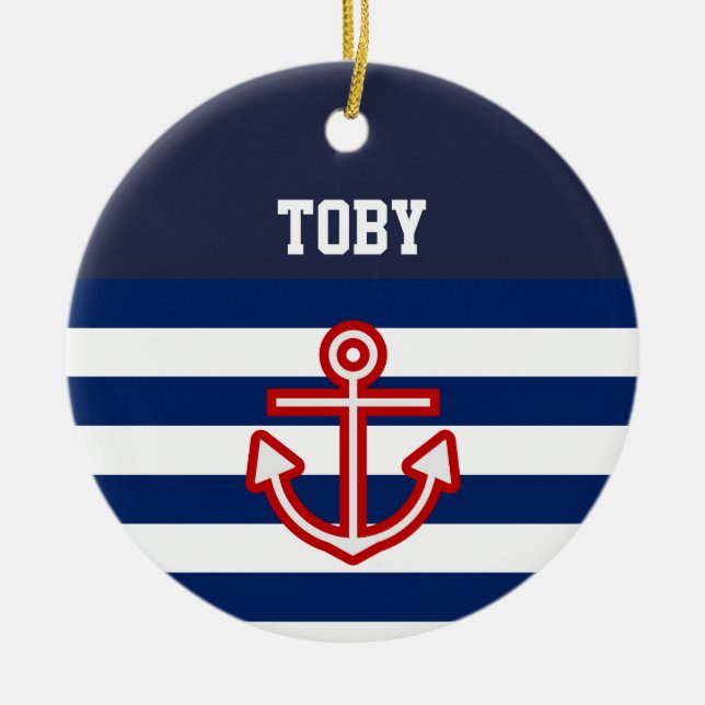 Anpassningsbar Nautical Navy White Rand Julgransprydnad Keramik (Framsidan)