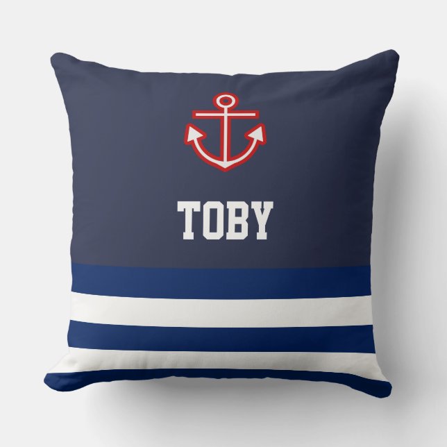 Anpassningsbar Nautical Navy White Rand Kudde (Framsida)