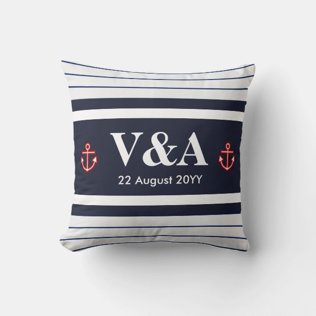 Anpassningsbar Nautical Navy White Rand Kudde (Framsida)